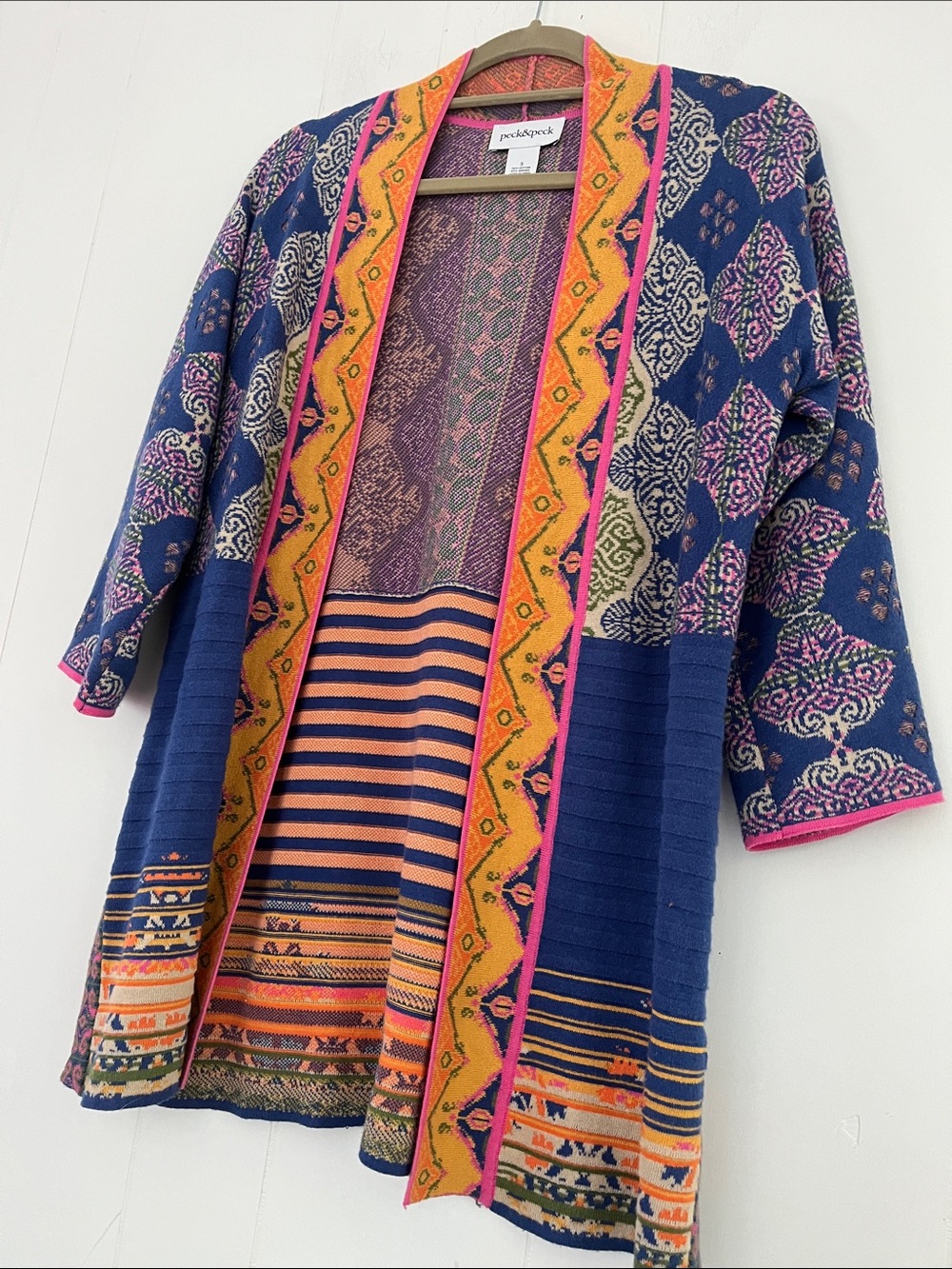Peck & Peck Boho Royal Blue Mustard Yellow Pink Floral Open Cardigan Size Small - Picture 7 of 12